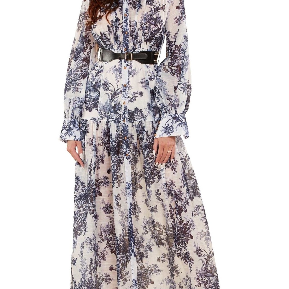 Floral Long Sleeve Maxi Dress in White and Navy